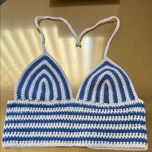 Cotton Blue and White Striped Crochet Halter Top